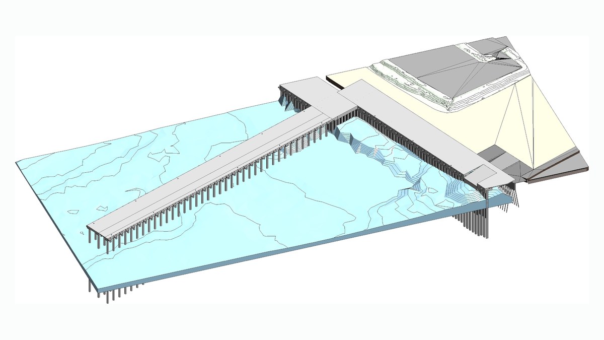 Programma “Basi Blu” · Base navale di La Spezia — vista dal modello informativo: impalcato del pontile su pali ø 1420, L 39,00 m, e palancolato di banchina