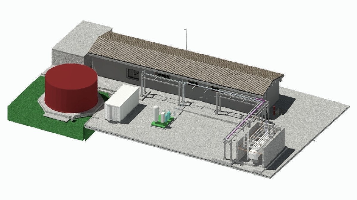 Impianto a idrogeno per i treni di Ferrovie Nord — vista dal modello informativo: fabbricato di servizio, serbatoio, pipe rack e skid di compressione