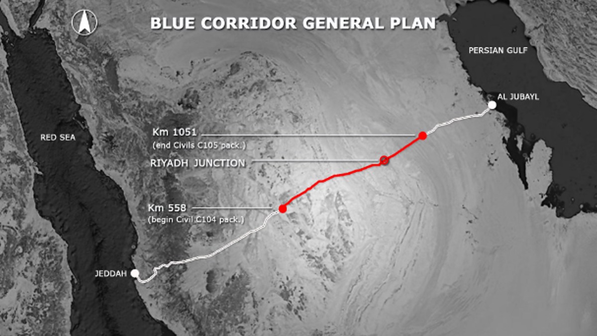 Saudi Landbridge Railway — schema generale del tracciato “Blue Corridor” da Jeddah ad Al Jubayl, con evidenziata la tratta dal km 558 al km 1051 e il nodo di Riyadh