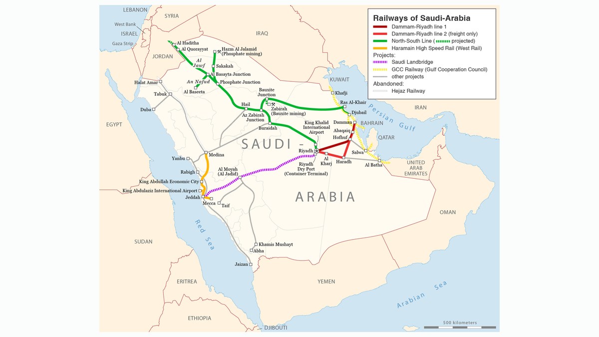 Inquadramento della rete ferroviaria dell’Arabia Saudita: linee in esercizio, linea nord-sud, alta velocità Haramain e, tratteggiato, il tracciato in progetto del Saudi Landbridge