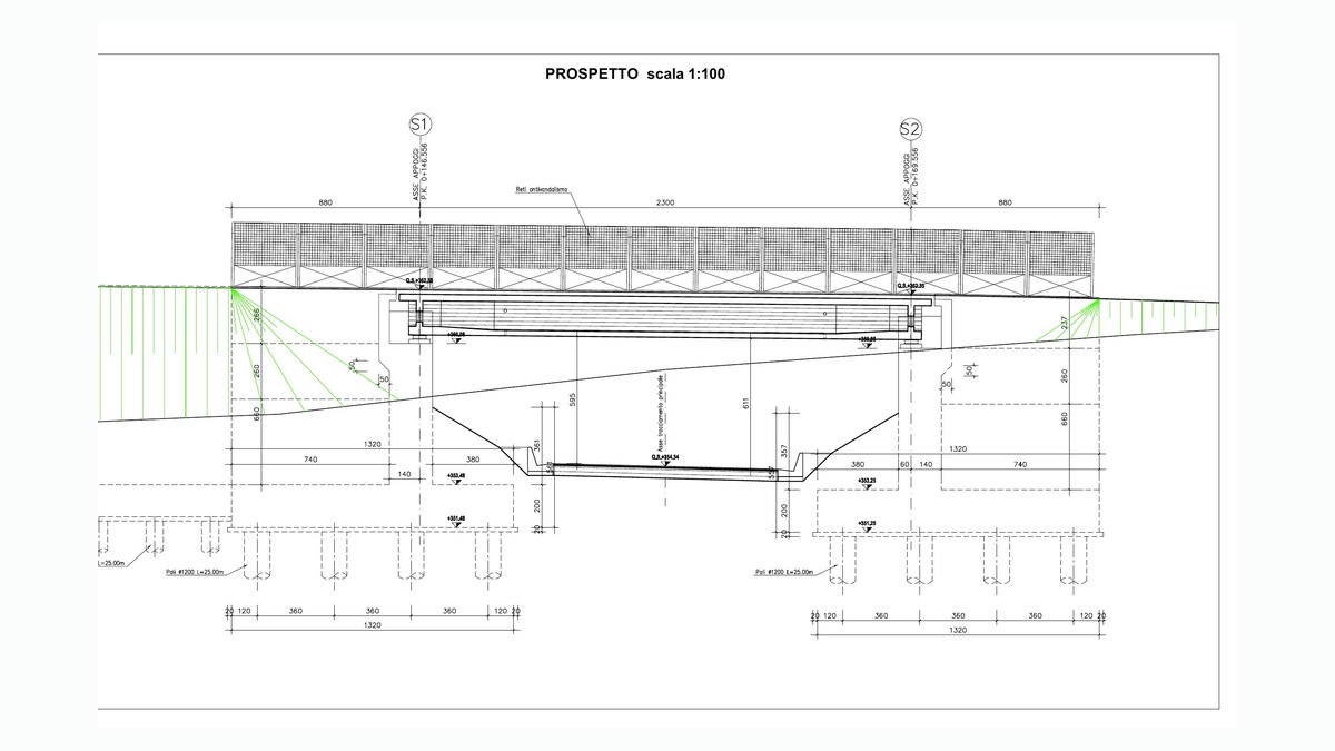 Asse viario Marche-Umbria, Maxi Lotto 2 — estratto di tavola esecutiva: prospetto di un cavalcavia, luce 23,00 m su spalle fondate su pali Ø 1200, L 25,00 m