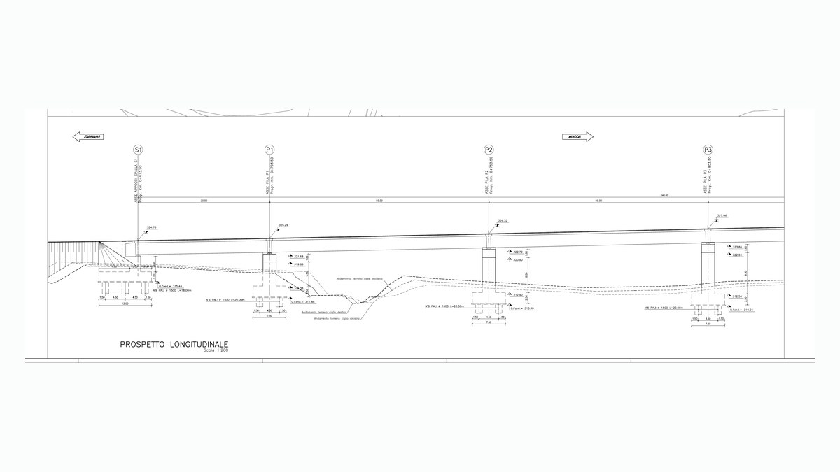 Asse viario Marche-Umbria, Maxi Lotto 2 — estratto di tavola esecutiva: prospetto longitudinale di un viadotto, tre campate da 50,00 m su pile fondate su pali Ø 1500